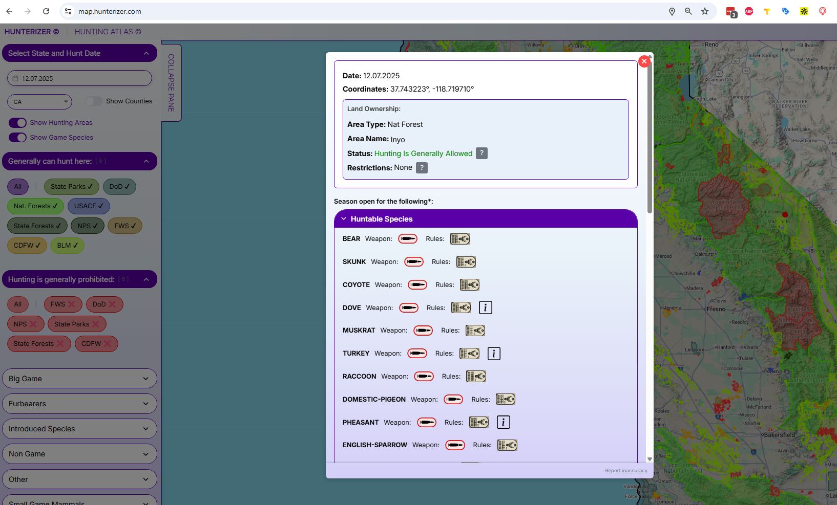 Hunterizer Maps showing hunting regulations